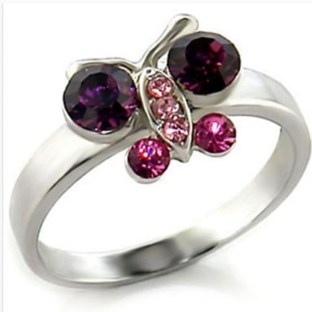 Butterfly Silver Ring Pink Purple Size 11 Cocktail ring Austrian Crystal  *